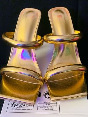 Gold Metallic Double-Strap Women's Slide Heels